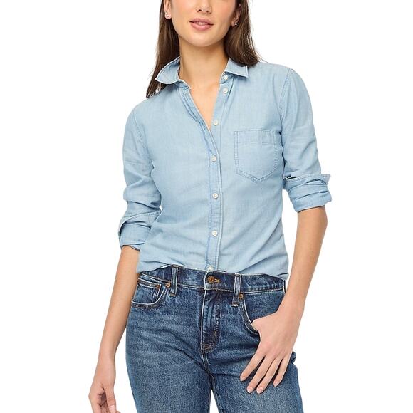 J.Crew Petite Chambray Button-Up Shirt SP Blue Denim Look Classic Fit NWT - Picture 1 of 8
